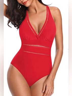 NWT Tempt Me Plunge V-Neck Red One-Piece Swimsuit with Crochet Inset